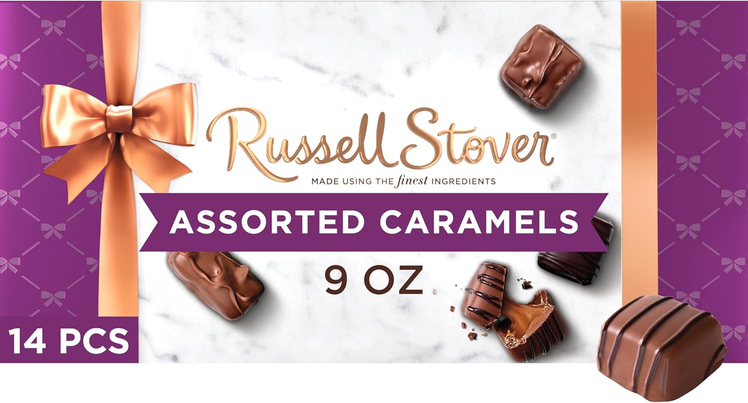 Russell Stover Assorted Caramels in Milk and Dark Chocolate, Mother's Day Chocolate Gift Box, 9 Ounce