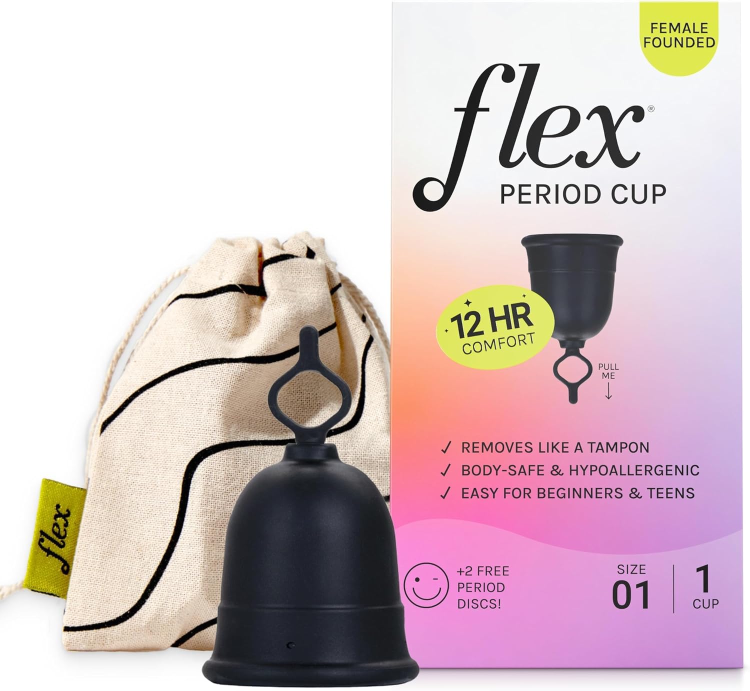 Flex Cup Starter Kit (Full Fit - Size 01) | Reusable Menstrual Cup + 2 Free Menstrual Discs | Pull-Tab for Easy Removal | Tampon + Pad Alternative | Lasts up to 10 Years | Capacity of 2 Super Tampons