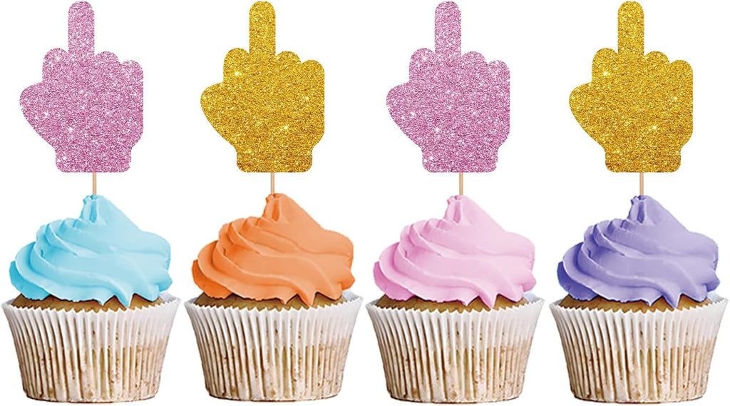 24PCS Middle Finger Cupcake Toppers, Divorce Party Cake Decorations, Funny Dessert Dessert Picks, Women Birthday Party Decoration - Pink & Gold Glitter