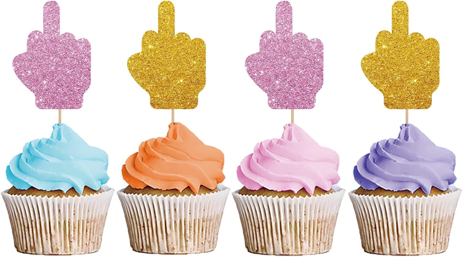 24PCS Middle Finger Cupcake Toppers, Divorce Party Cake Decorations, Funny Dessert Dessert Picks, Women Birthday Party Decoration - Pink & Gold Glitter