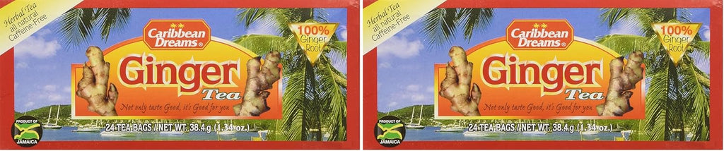 Caribbean Dreams Ginger Tea, 24 Tea Bags, Herbal, Natural, Caffeine Free Ginger Tea From Jamaica (Pack of 2)
