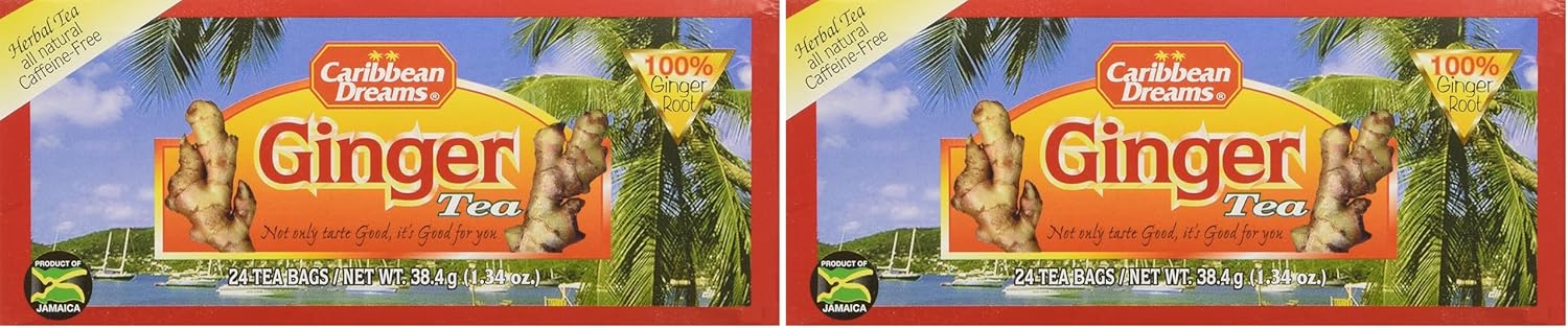 Caribbean Dreams Ginger Tea, 24 Tea Bags, Herbal, Natural, Caffeine Free Ginger Tea From Jamaica (Pack of 2)
