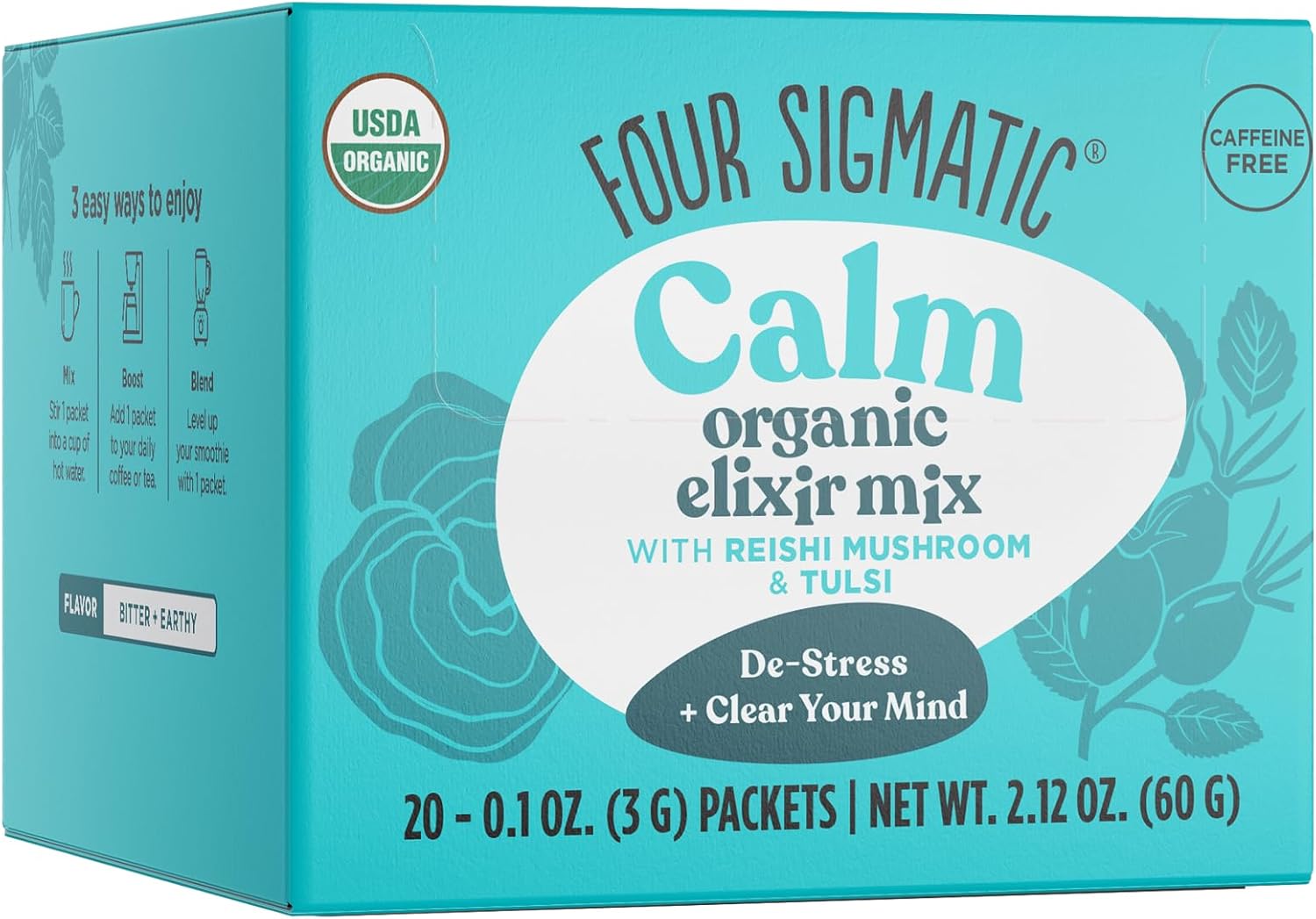 Four Sigmatic Reishi Mushroom Elixir | Coffee Alternative with Organic Reishi Mushroom Powder, Tulsi, Rose Hips & Mint | Support Stress & Sleep | Decaf, Vegan, Gluten-Free & Keto | 20 Packets