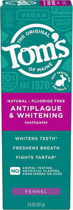 Tom’s of Maine Antiplaque and Whitening Toothpaste, Fluoride Free, Fennel, Single, 4.5 Oz
