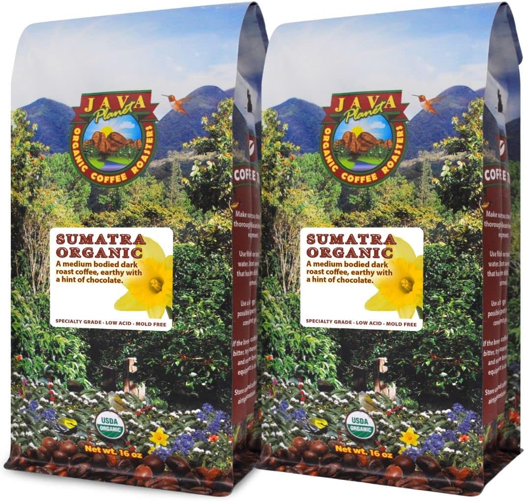 Low Acid Organic Coffee – Whole Bean, Mold-Free & Stomach Friendly by Java Planet, Sumatran Single Origin Coffee, Dark Roast, Smooth Full Flavored, 2x1LB Bag