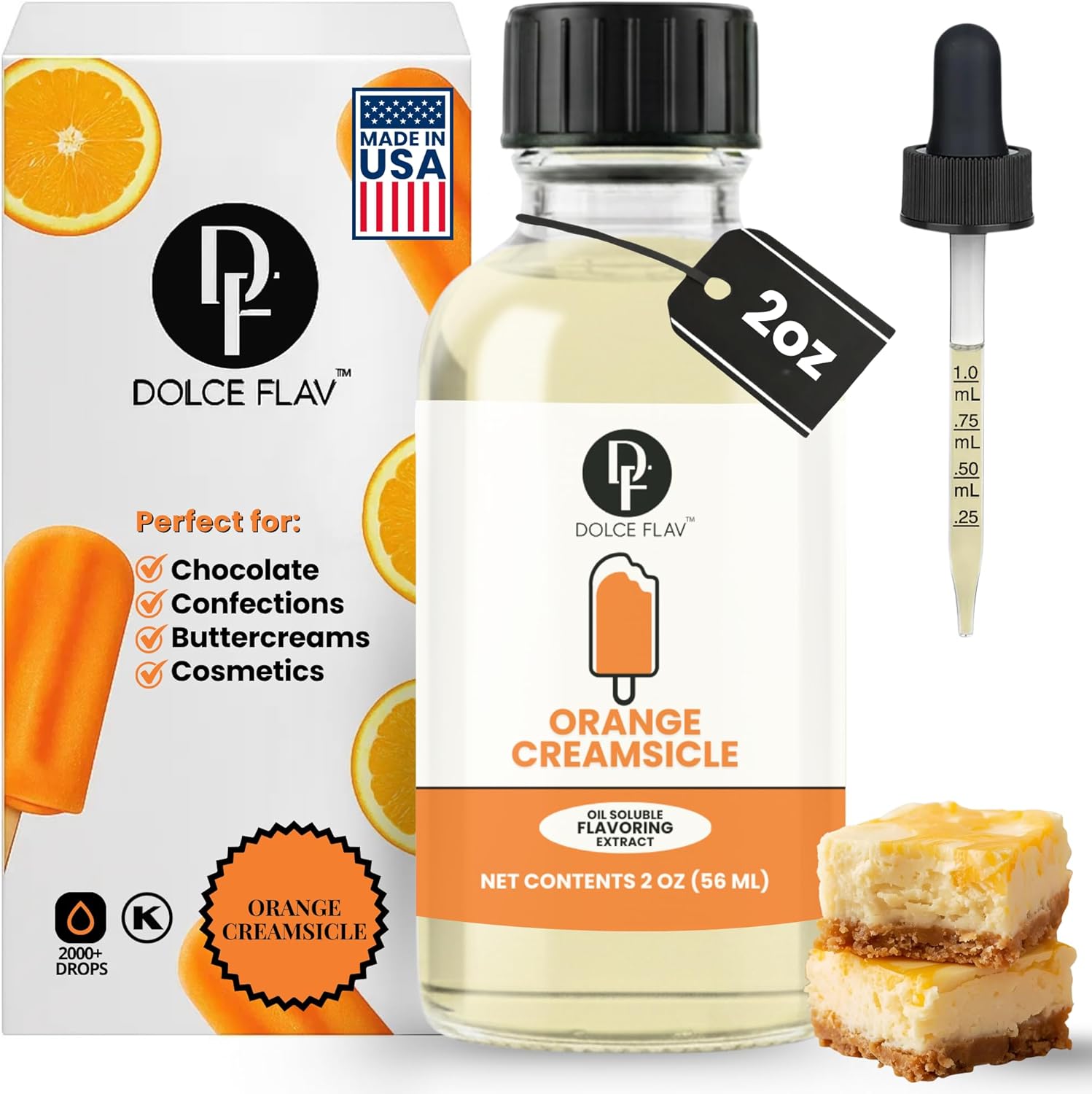 Dolce Flav Orange Creamsicle Extract - 2 Ounce Oil-Soluble Kosher, Sugar-Free, Concentrated Orange Creamsicle Flavor for Candy, Chocolates & Desserts, Includes Measured Dropper