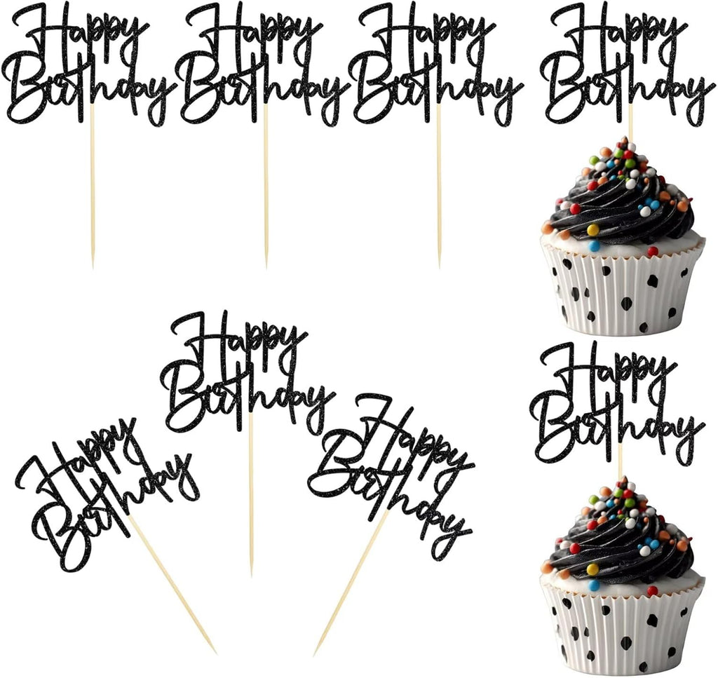 24 PCS Mini Black Glitter Happy Birthday Cupcake Toppers Suitable for Birthday Celebration Parties and Gatherings Decoration