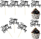 24 PCS Mini Black Glitter Happy Birthday Cupcake Toppers Suitable for Birthday Celebration Parties and Gatherings Decoration