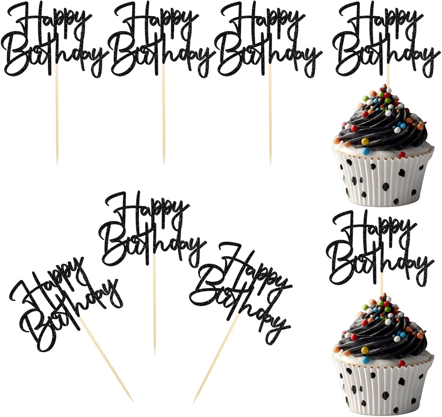 24 PCS Mini Black Glitter Happy Birthday Cupcake Toppers Suitable for Birthday Celebration Parties and Gatherings Decoration