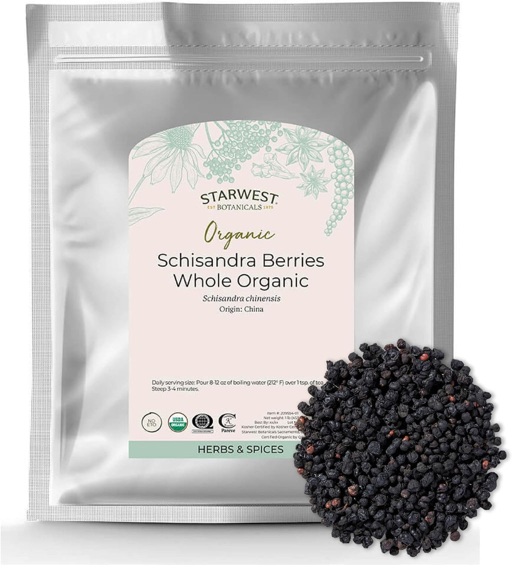 Starwest Botanicals Schisandra Berries Whole Organic - Dried Organic Schisandra Berry for Tea, Smoothies, Baked Goods, & More, Sourced From China, Non GMO - Bulk 1 lb Bag