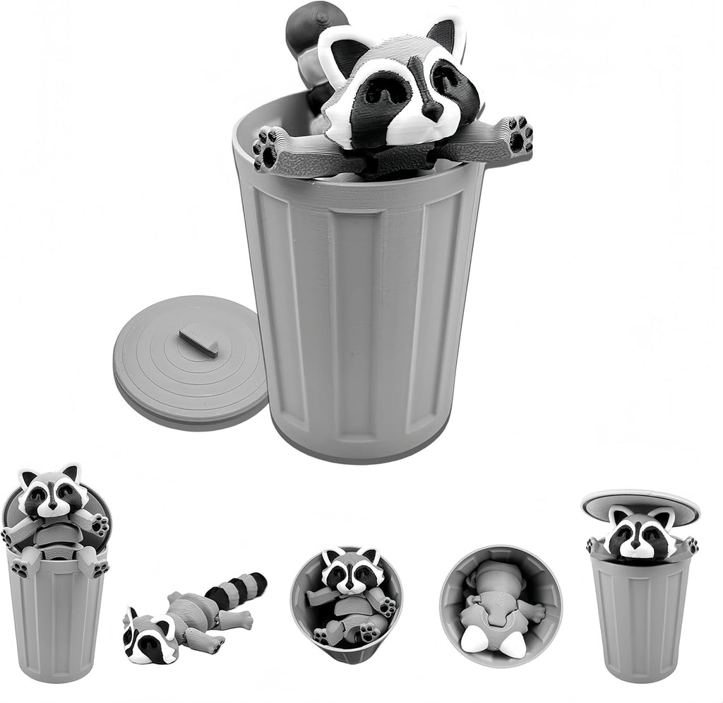 3D Printed Raccoon Animals Toys - Fidget Toys with Trashcan, Home Office Decor for Adults, Stocking Stuffers Bulk, Birthday Party Halloween