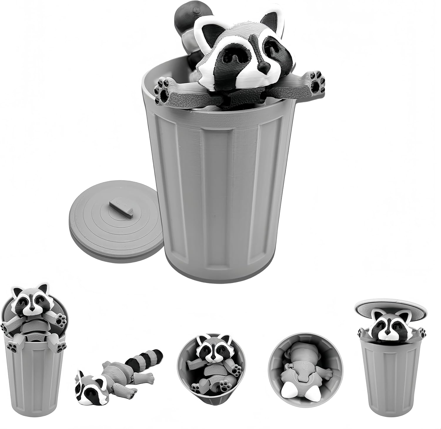 3D Printed Raccoon Animals Toys - Fidget Toys with Trashcan, Home Office Decor for Adults, Stocking Stuffers Bulk, Birthday Party Halloween