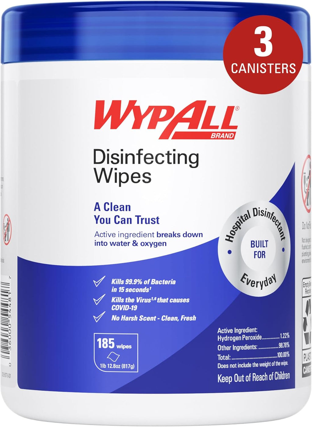 WypAll Disinfecting Wipes (54481), with Hydrogen Peroxide Disinfectant Cleaner for Commercial, Industrial & Healthcare, 5.75 x 7 inch Sheets, Fresh Scent (3 Canisters of 185 Sheets)