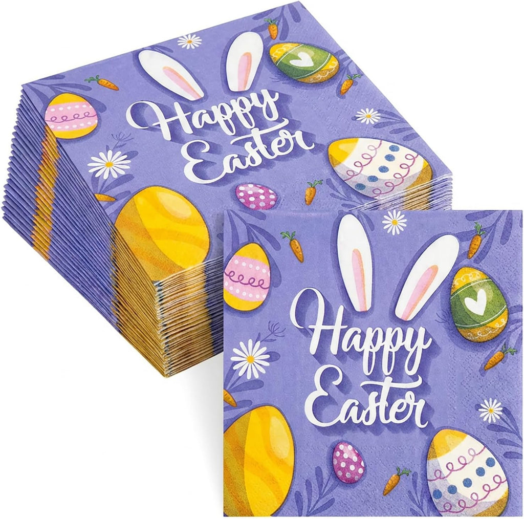 ibohr 50Pcs Easter Napkins, Cute Cocktail Napkins with Eggs & Carrots, 6.5 Inch Disposable Paper Napkins for Easter Party Supplies, Spring Table Decor