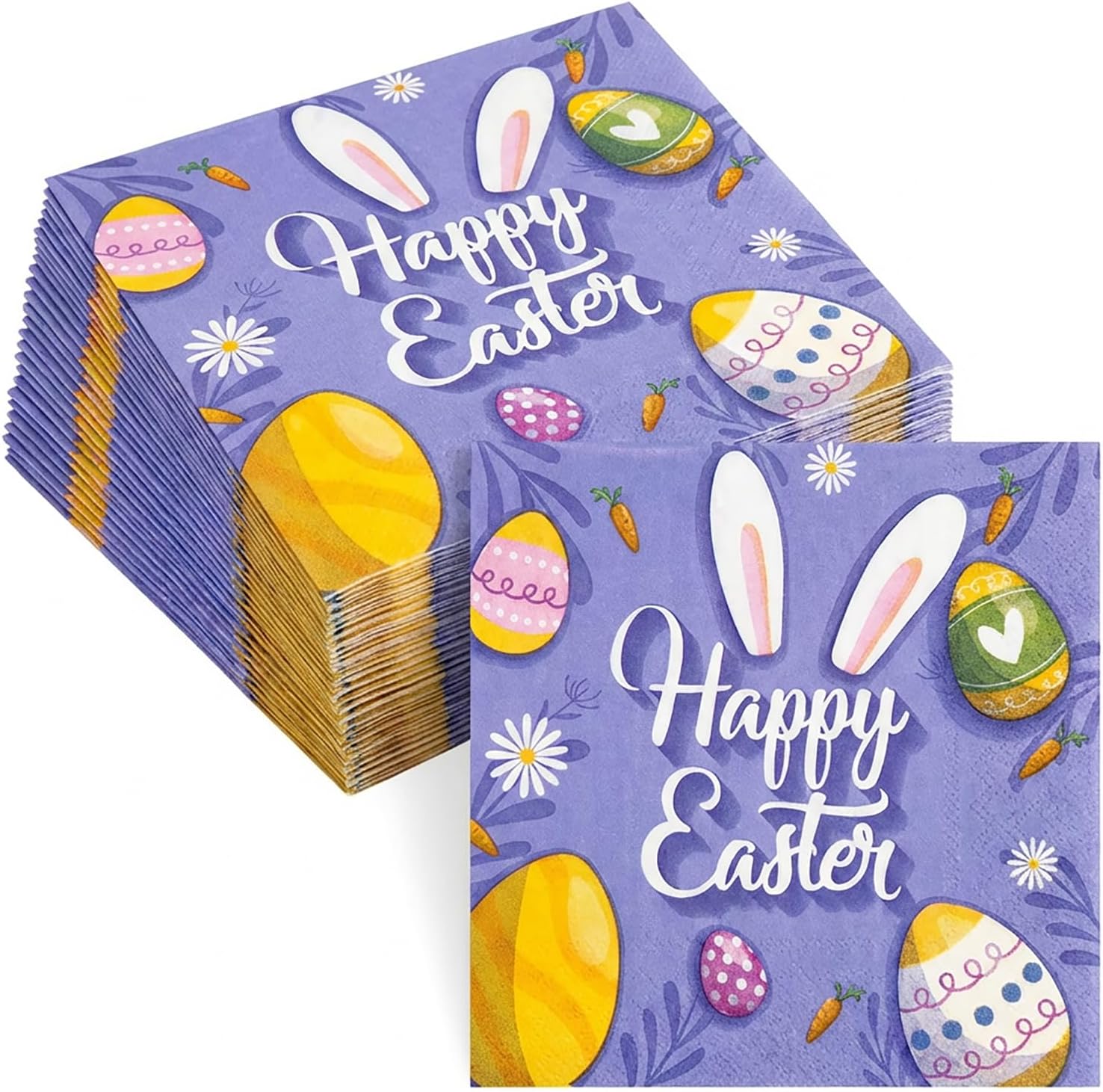ibohr 50Pcs Easter Napkins, Cute Cocktail Napkins with Eggs & Carrots, 6.5 Inch Disposable Paper Napkins for Easter Party Supplies, Spring Table Decor