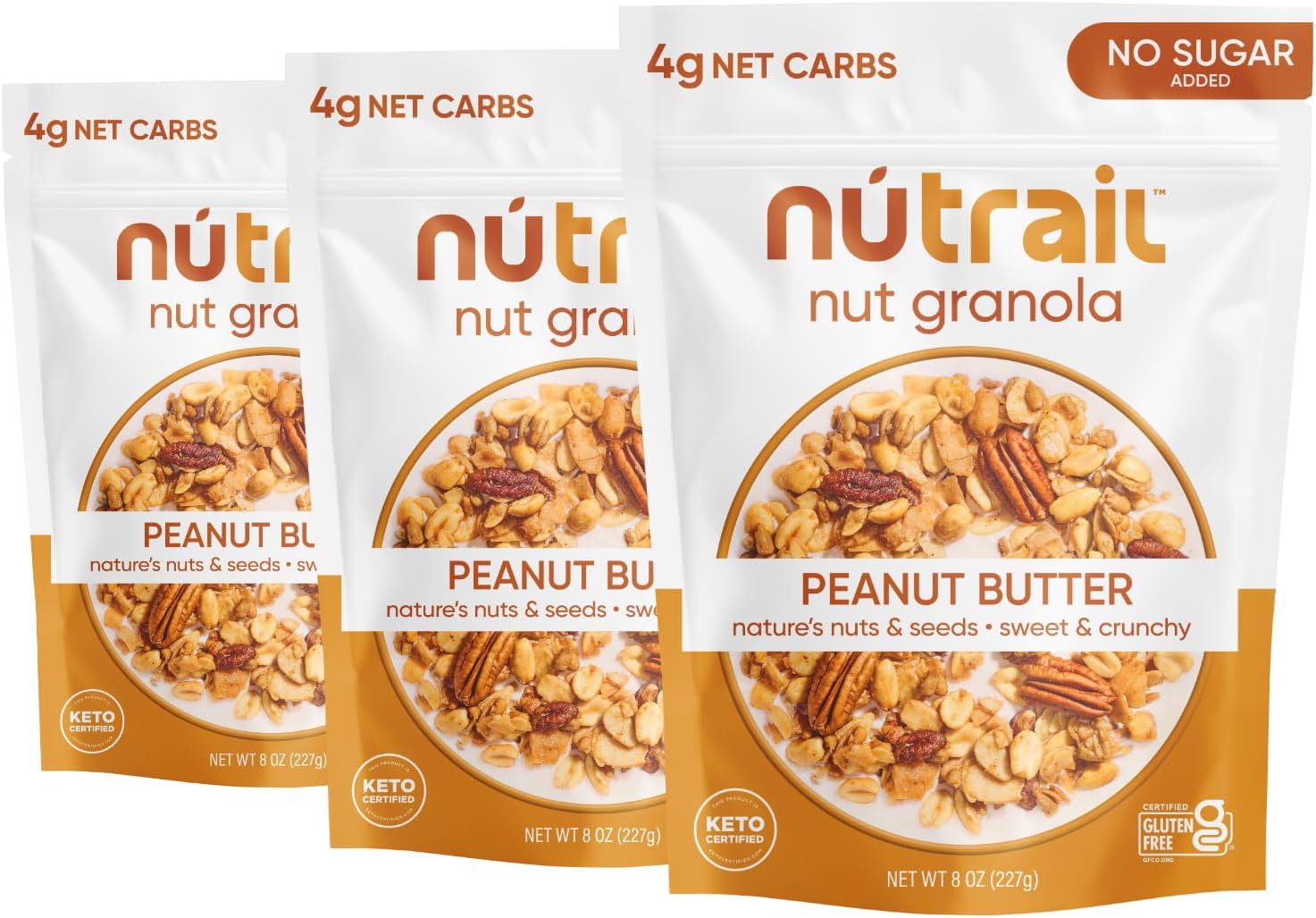 NuTrail Nut Granola, Peanut Butter, No Sugar Added, Gluten Free, Grain Free, Keto, Low Carb, Healthy Breakfast Cereal 8 oz. 3 Count