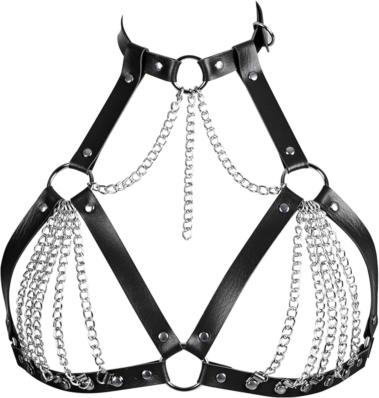 BAQOEYII Leather Bra CageStyle Shoulder Strap,Punk Layered Chest Chain,Punk Black Leather Chest Harness Body Waist Chain Belt Rave Nightclub Belly Bra Jewelry Accessor for Halloween Carnival