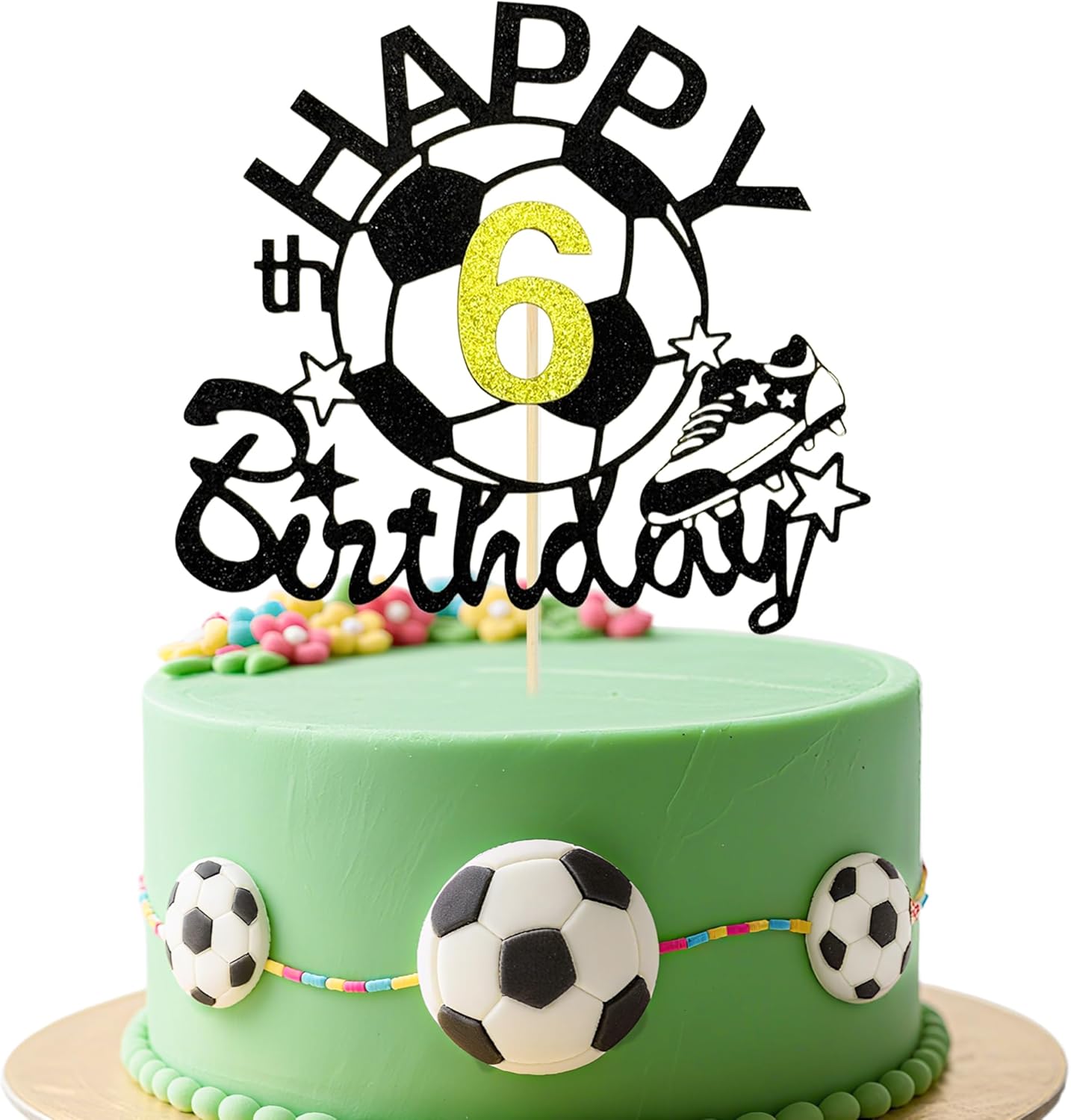 1Pc Black Soccer Happy 6th Birthday Cake Topper - Glitter Football Cake Decoration for 6 Year Old Soccer Theme Birthday Party Cake Decor Supplies