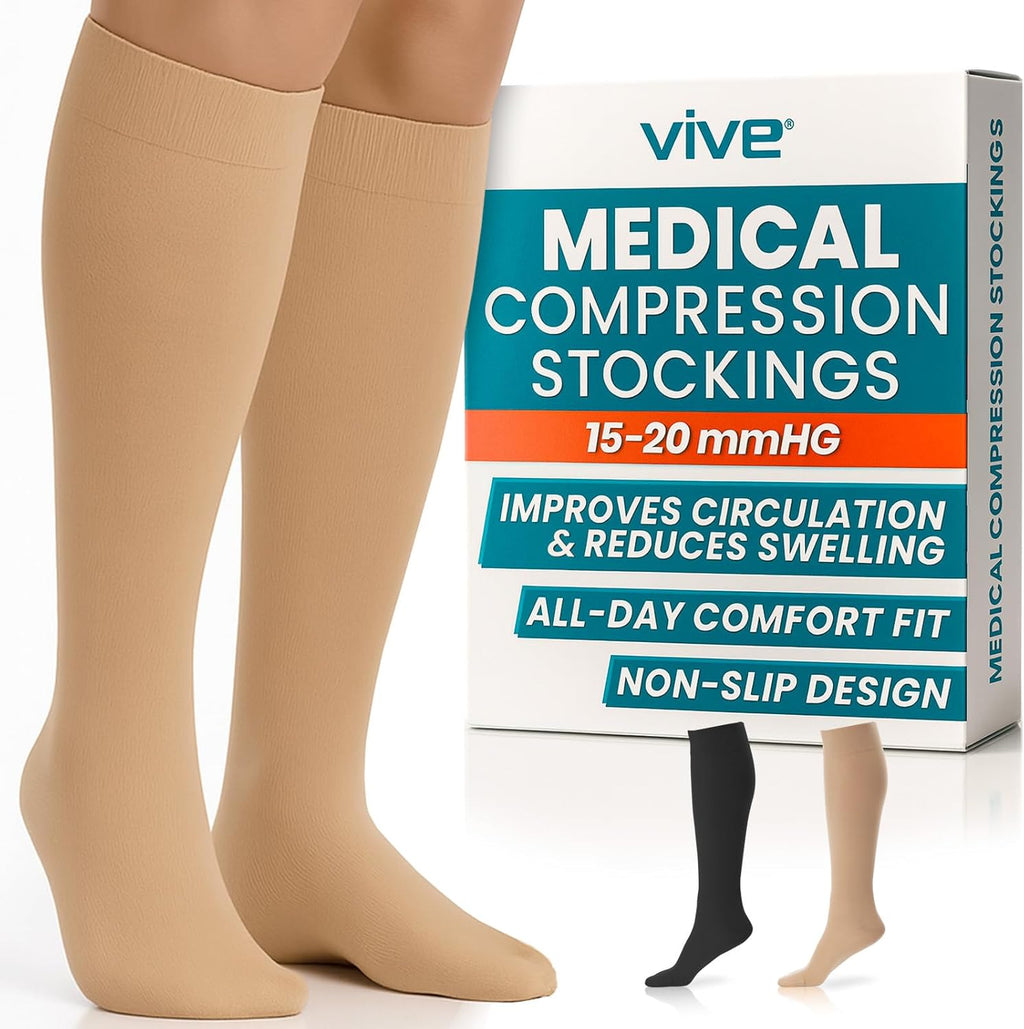 Vive Knee High Compression Socks for Women & Men – 15-20mmHg Medical Support Stockings for Varicose Veins, Swelling, Soreness & Airplane Travel – Breathable TED Hose for Legs & Feet (Beige,Black)