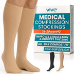 Vive Knee High Compression Socks for Women & Men – 15-20mmHg Medical Support Stockings for Varicose Veins, Swelling, Soreness & Airplane Travel – Breathable TED Hose for Legs & Feet (Beige,Black)