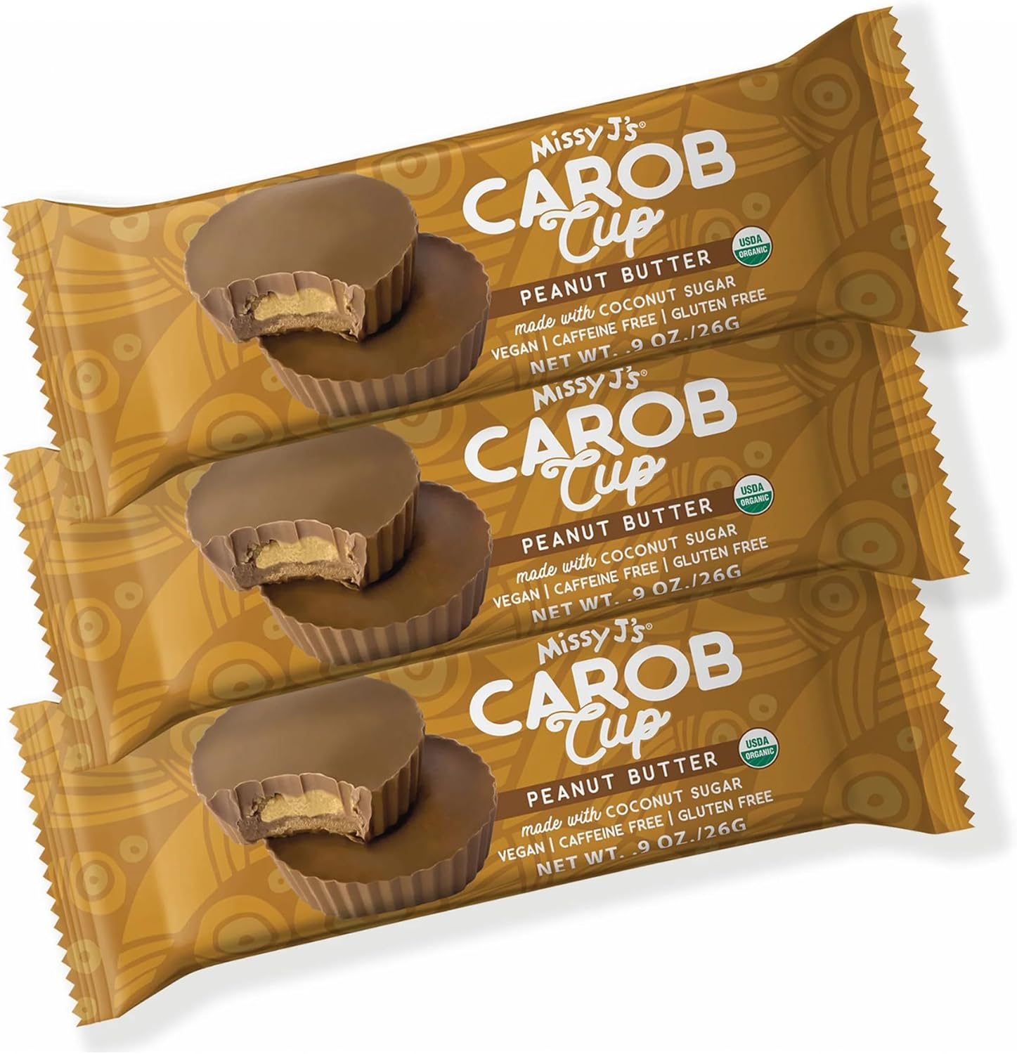 Missy J's Organic Peanut Butter Carob Cups each 0.9 Oz - 3 Pack Made with Coconut Sugar Vegan, Gluten and Caffeine Free Healthy Substitute for Chocolate, Perfect for Snacks and Treats