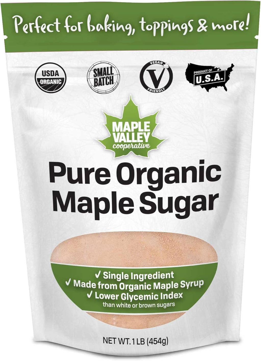 Maple Valley Organic Pure Maple Sugar Granulated, Natural Sugar Alternative, Good in Coffee, Baking, Cooking, Made in USA, 1 lb Bag