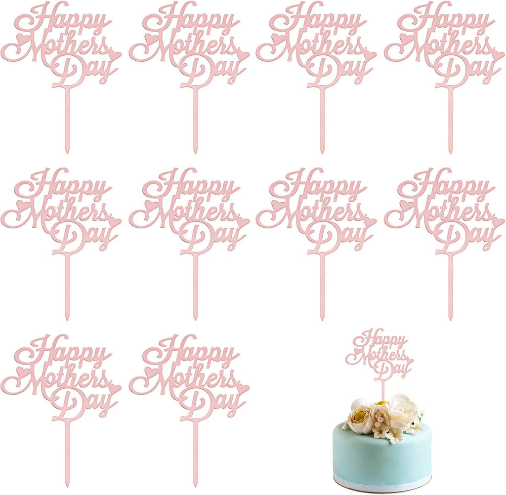 Mother's Day Cake Topper, 10pcs Acrylic Happy Mother's Day Cupcake Topper for Birthday Mother's Day Cake Party Decoration Supplies (Pink -1)