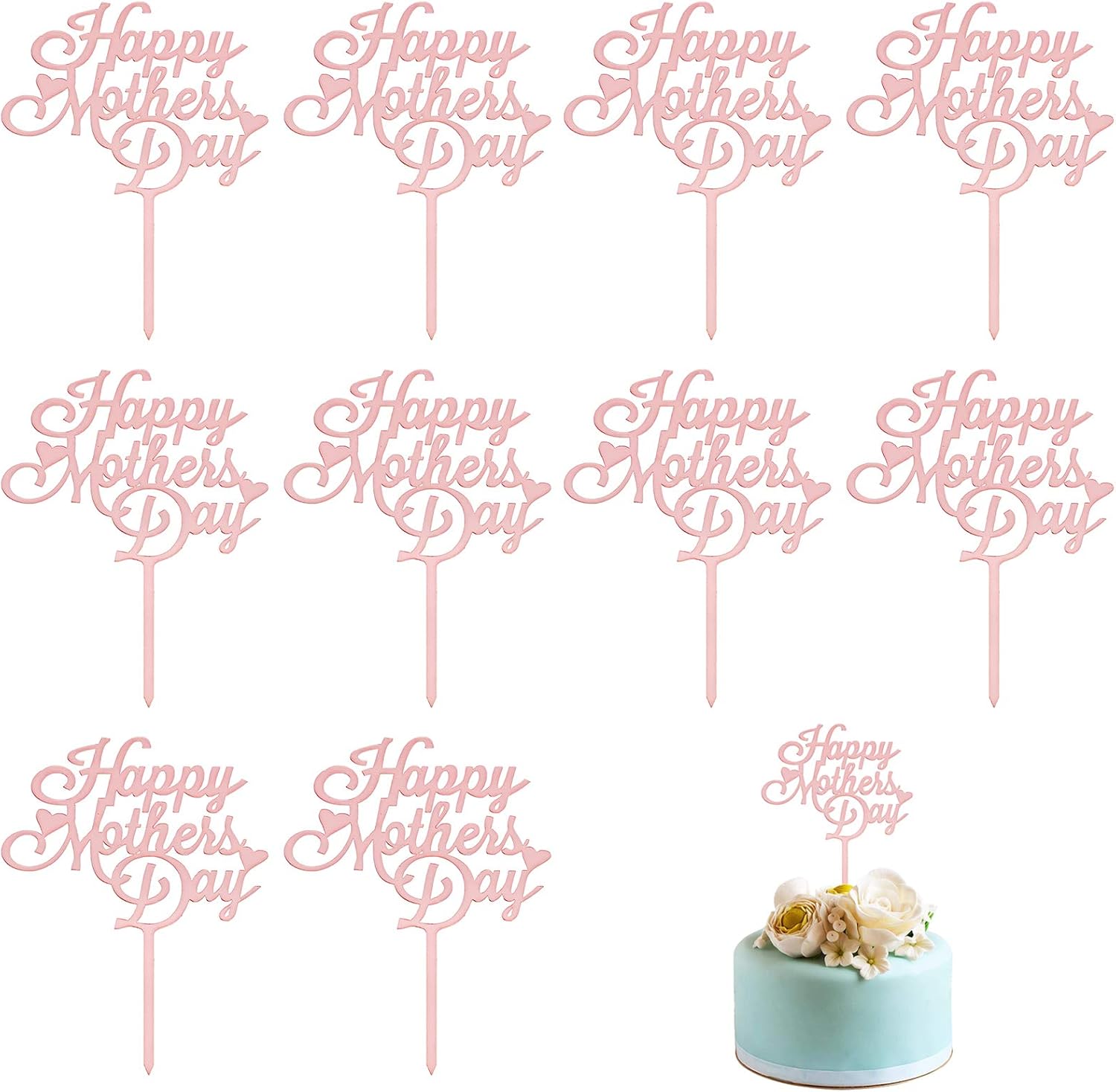 Mother's Day Cake Topper, 10pcs Acrylic Happy Mother's Day Cupcake Topper for Birthday Mother's Day Cake Party Decoration Supplies (Pink -1)