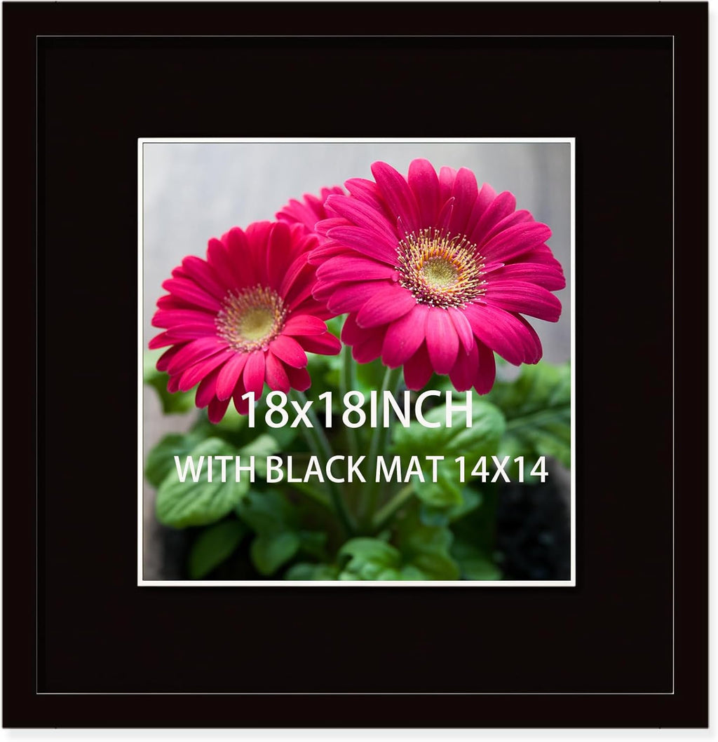 SKAOTUS 18x18 Picture Frame Black Solid Wood for Black Mat 14x14 Wall Mounting Square Poster Frames