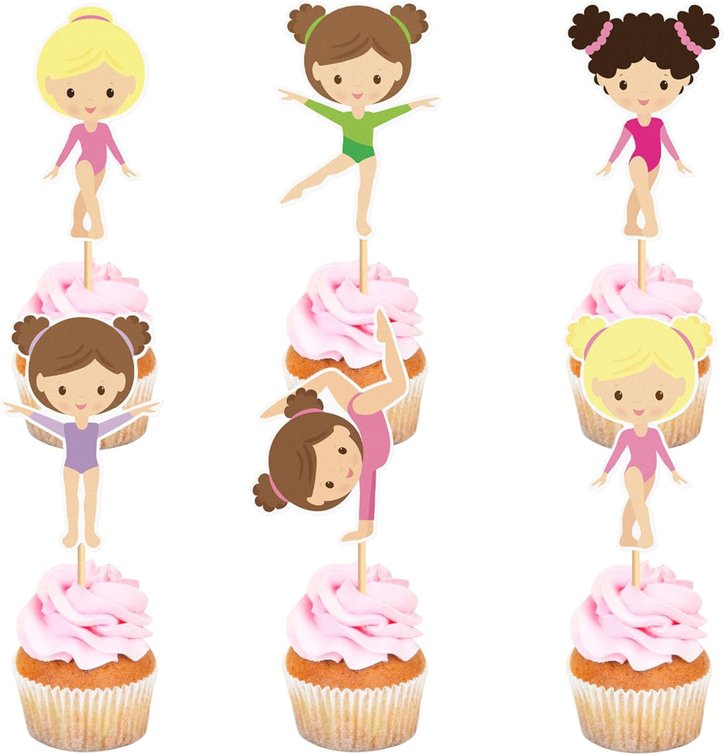 24PCS Girl Cake Toppers Set, Ballerina/Gymnast/Fairy/Cheerleader Designs, Birthday Party Cupcake Decorations for Girls for Baby Girl Birthday, Baby Shower Decorations (Gymnast Girl)