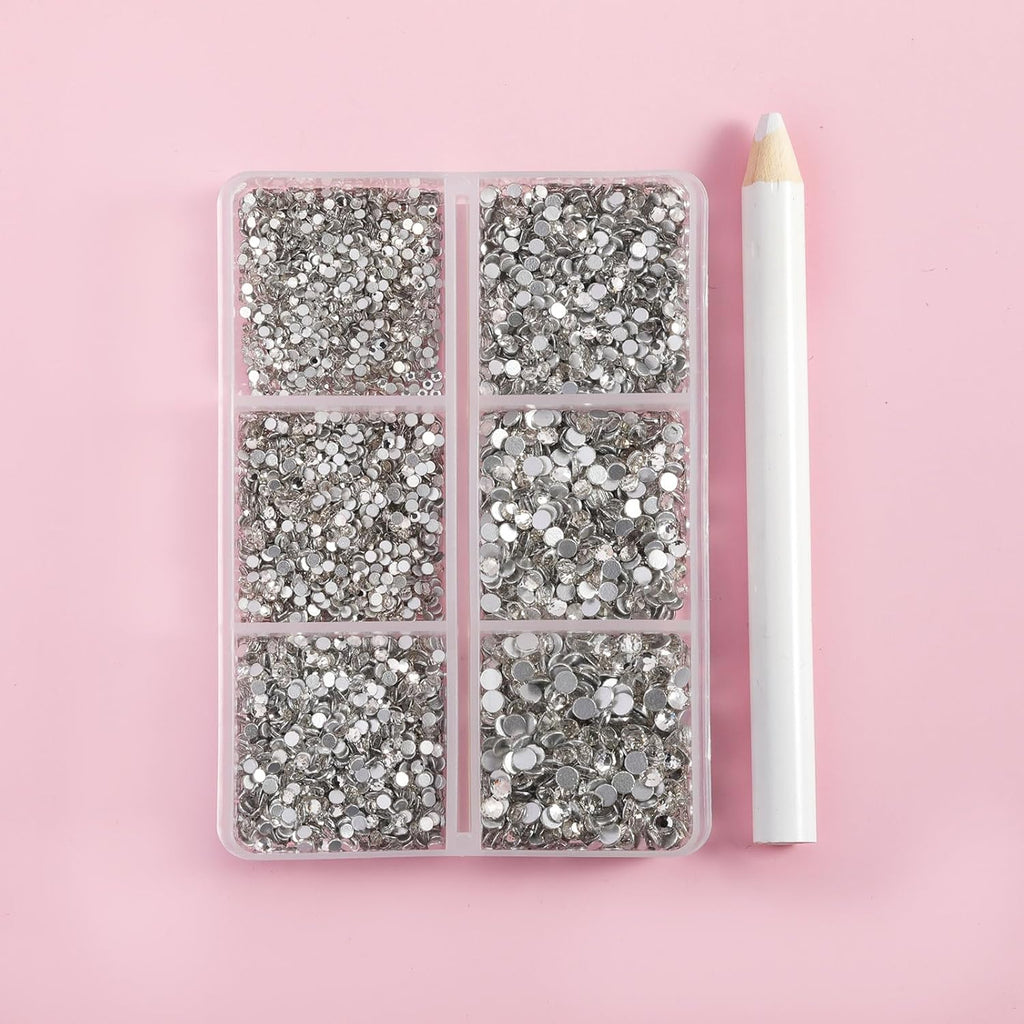 Generic Flatback Rhinestones Clear Crystal Nail Gems Round SS3-SS10, 7200 PCS, Kit with Wax Pencil & Pick Up Pen