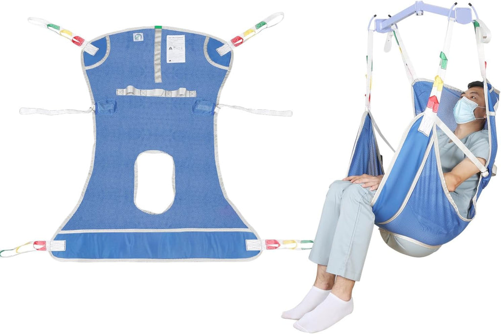 EZ Assistive Patient Lift Sling with Commode Opening, Patient Aid Full Body Mesh Toileting Sling, 500lbs Weight Capacity (Large-Opening-Blue)