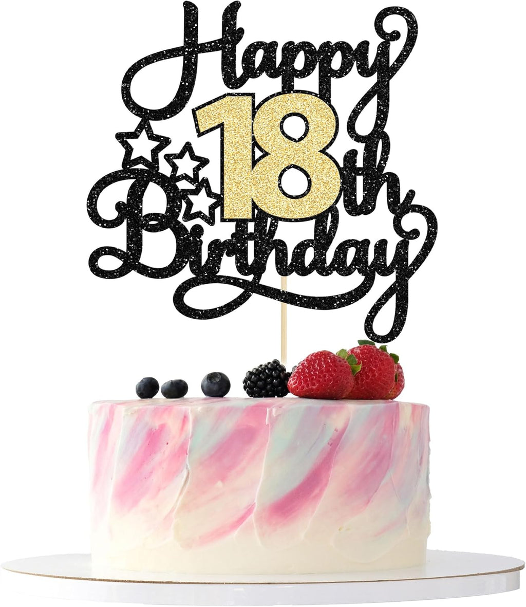 1Pc 18th Happy Birthday Cake Topper Glitter Cheers to 18 Years Birthday Cake Pick Cake Decoration for 18th Party Decoration Supplies Black Gold