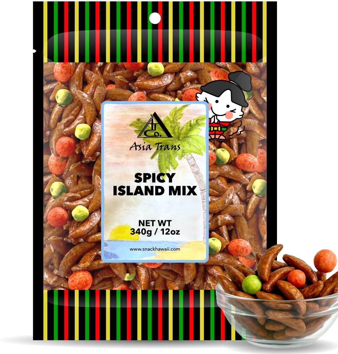 Spicy Island Arare Rice Crackers - Hot Mochi Crunch Asian Snack Mix - Assorted Shapes and Flavors - Sweet, Salty, and Umami Taste - Kakinotane, Wasabi Peas, and Red Iso Peanut - 12 Ounce