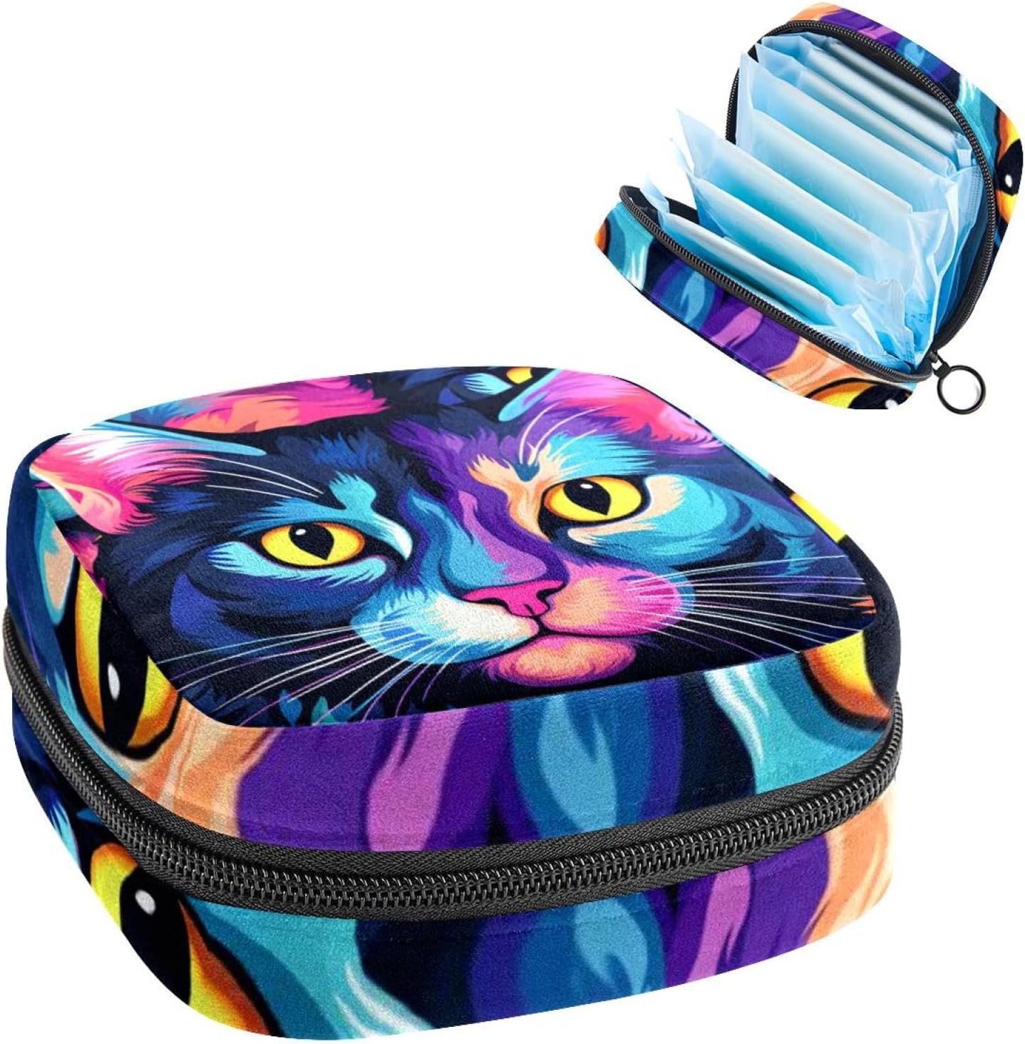Sanitary Napkin Storage Bag, Zipper Period Pouch for Teen Girls Women, Portable Menstrual Tampons Collect Bags Cat Pattern