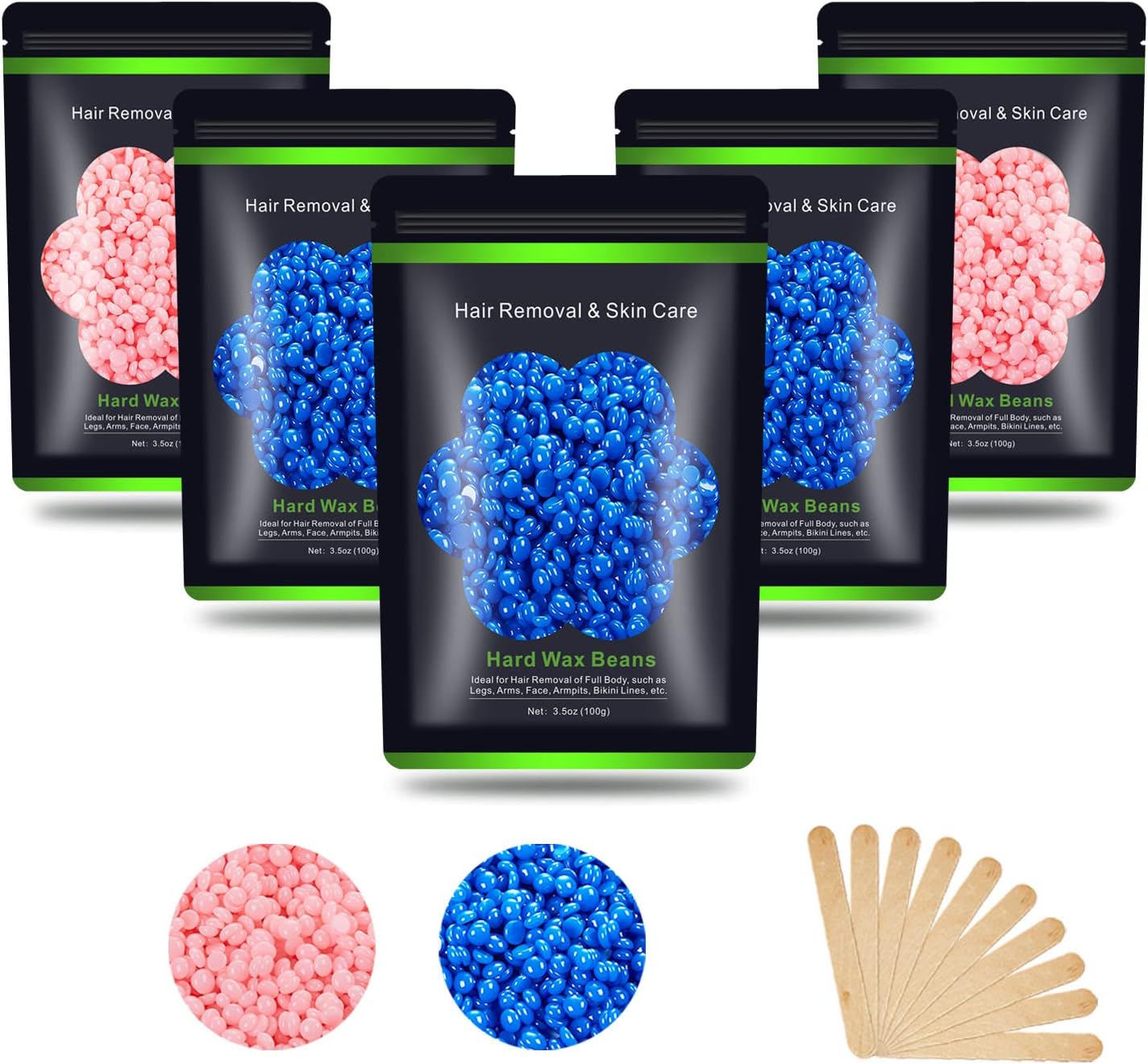 Hard Wax Beans 17.5Oz, Hair Removal Body European Brazilian Pearl Waxing Beads For Women Men Include 10 Waxing Spatulas For Bikini, Eyebrow, Face, Armpit 5 Packs