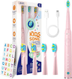 SEAGO Kids Electric Toothbrush, Sonic Soft Bristle Rechargeable Toothbrushes with DIY Stickers, 5 Modes, Includes 4 Replacement Brush Heads, Ages 3 to 12 Years Old (Pink)