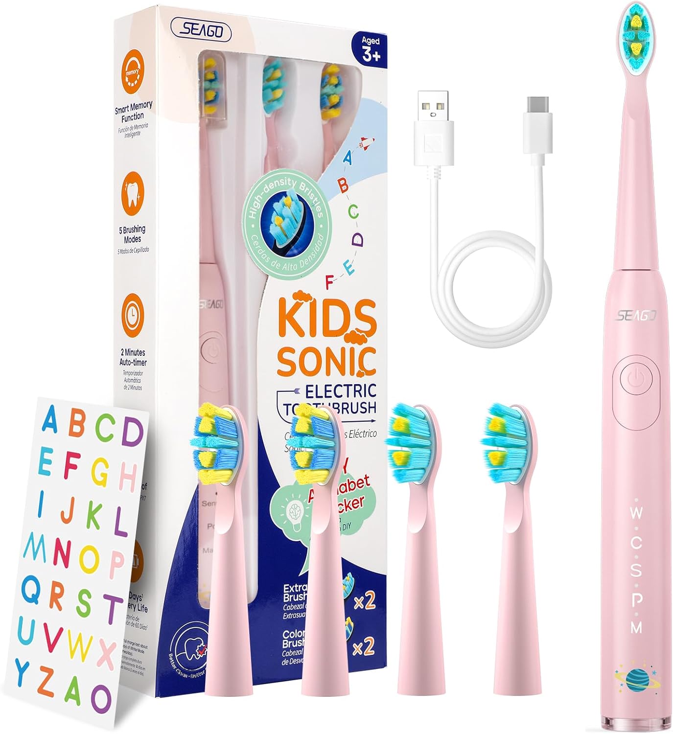 SEAGO Kids Electric Toothbrush, Sonic Soft Bristle Rechargeable Toothbrushes with DIY Stickers, 5 Modes, Includes 4 Replacement Brush Heads, Ages 3 to 12 Years Old (Pink)