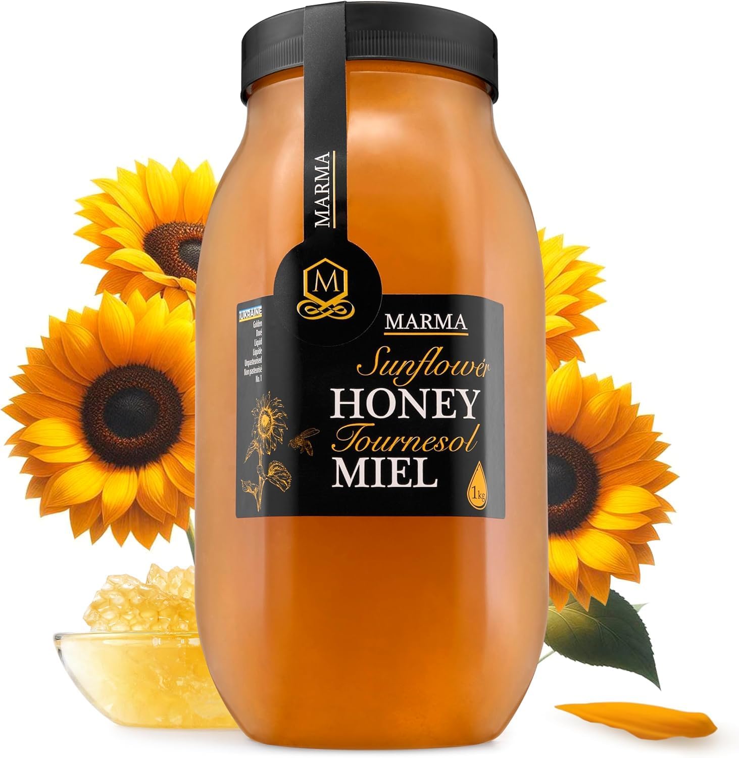 HONIGMA® Marma Sunflower Honey | Authentic Raw Honey from Ukraine | 100% Pure, Unpasteurized & Fully Crystallized | 1000g/35.2oz | Naturally Solid Texture | Pack of 1