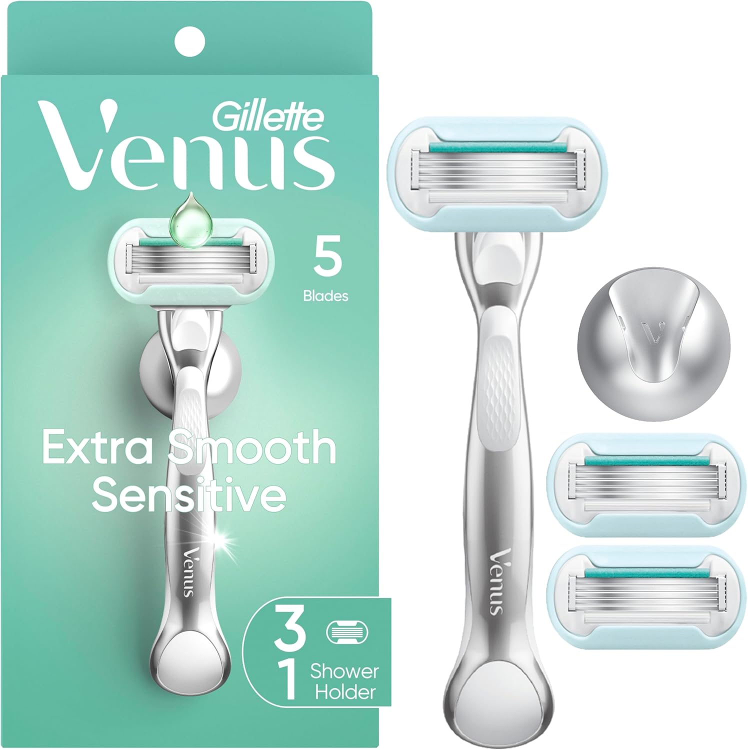 Gillette Venus Extra Smooth Sensitive Women's Razor with Reusable Handle, 3 Blade Refills and Shower Holder