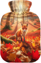 Autumn Fox in Forest Hot Water Bottle with Soft Velvet Cover Hot Water Bag for Neck and Shoulder Pain Relief, 2L