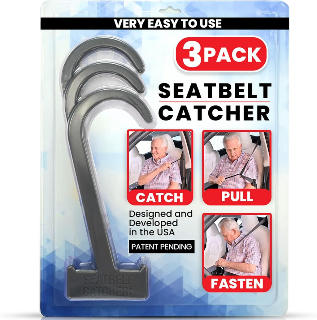 Seatbelt Catcher Seat Belt Aid Grabber - for Elderly & Disabled, Seatbelt Reacher Tool for Seniors with Back, Shoulder, or Elbow Injury, Easy Reach Mobility & Daily Living Aid, 3 Pack, Gray