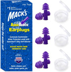 Mack's AquaBlock Swimming Earplugs, 3 Pair - Comfortable, Waterproof, Reusable Silicone Ear Plugs for Swimming, Snorkeling, Showering, Surfing and Bathing (Purple)