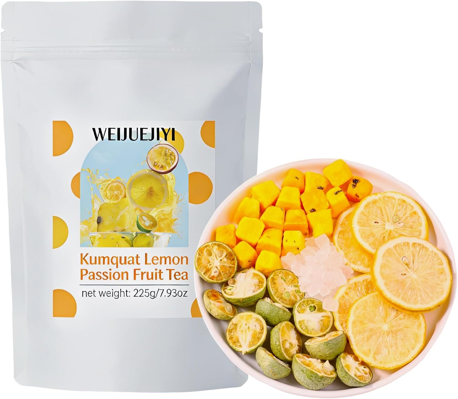 WEIJUEJIYI Kumquat Lemon Passion Fruit Tea 225g (15g *15 pack) Kumquat, lemon, Passion Fruit Combination Fruit tea, Sour and Sweet Taste, No Addition