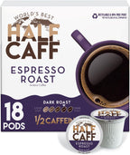 World's Best Half Caff Espresso Roast Coffee Pods, 18 ct, Dark Roast in Single Serve Pods – 100% Arabica Coffee, Compatible with Keurig K Cups Maker