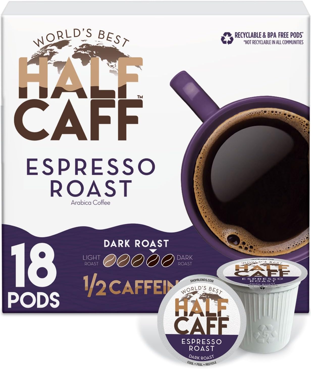 World's Best Half Caff Espresso Roast Coffee Pods, 18 ct, Dark Roast in Single Serve Pods – 100% Arabica Coffee, Compatible with Keurig K Cups Maker