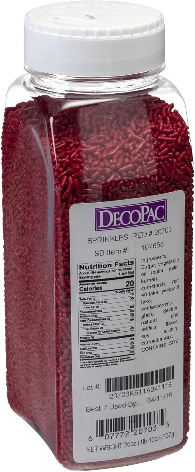 DecoPac Red Sprinkles | Extra Large 26oz Pack | Cake Sprinkle Mix, Fancy Sprinkles For Cake Decorating, Handheld Container, Candy Sprinkles, Cake Sprinkles - Red
