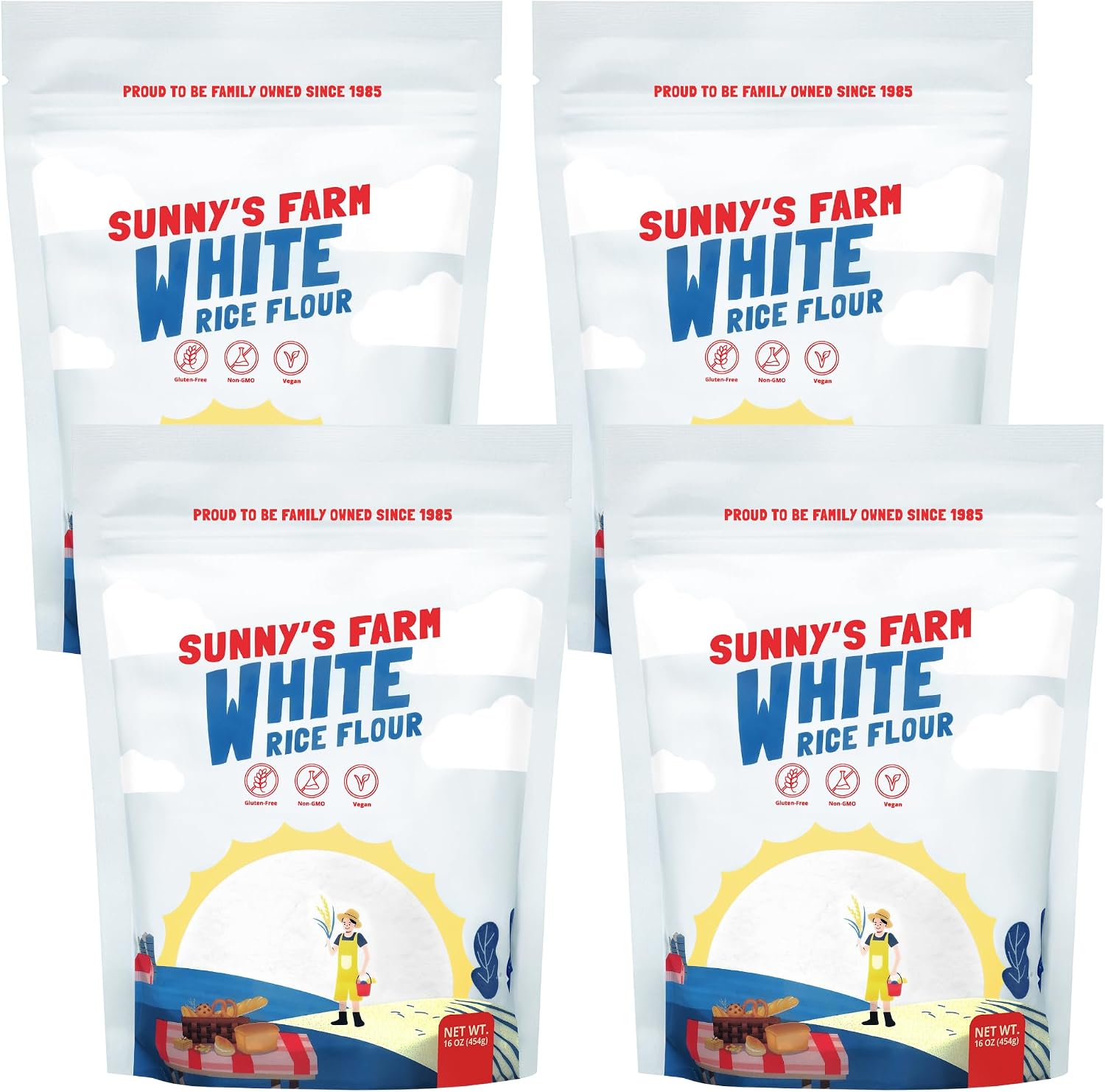 Sunny's Farm White Rice Flour – Premium Thai Rice Flour, Gluten-Free, Superfine Quality for Baking, Cooking, and Sourdough – 16oz (Pack of 4)