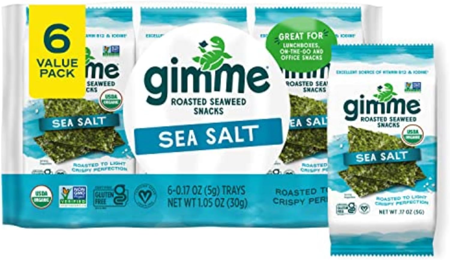 Gimme Seaweed Organic Premium Roasted Seaweed Snacks, Sea Salt, 6 Count, Keto, Vegan, Gluten-Free, Great Source of Omega3s and Iodine, Healthy On-The-Go Snack for Kids and Adults