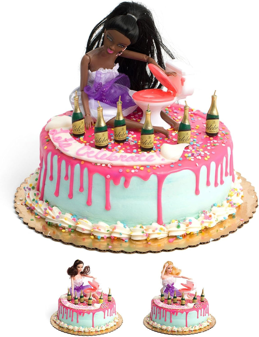 Drunk Doll Cake Topper | Funny Decoration Kit for Celebrating a Bachelorette Party or any Birthday 21 and Up (8 Piece Set)(Not Edible)(African American)